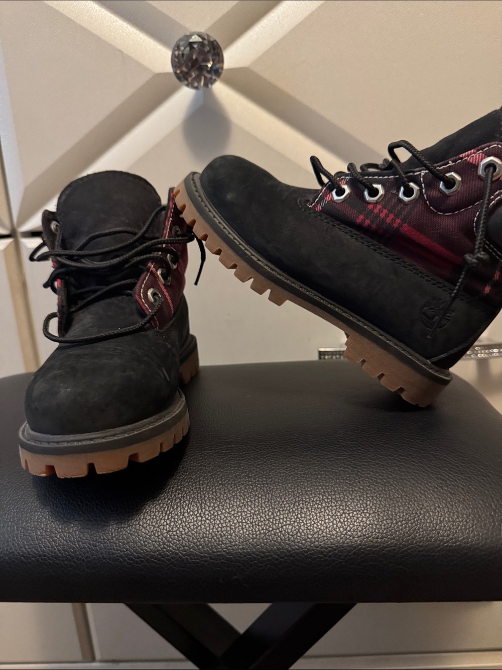 Timberland Kids Black Boots with Burgundy Plaid Accents